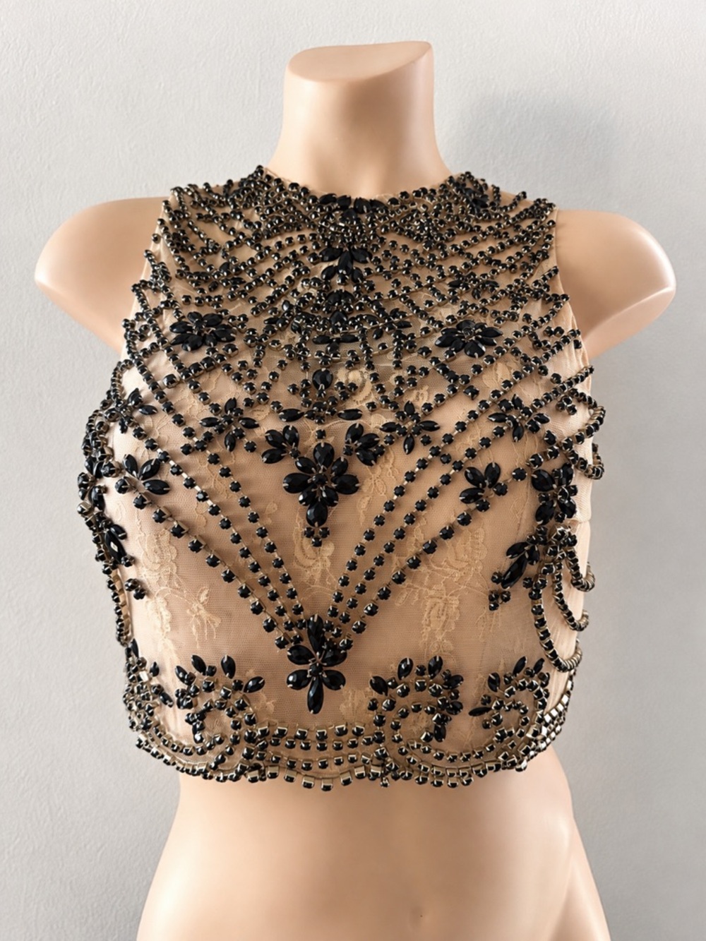Tiffany Designs Hand Beaded Nude Black Rhinestone Crop Top S